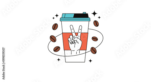 Creative illustration features a takeaway coffee cup decorated with a peace sign hand surrounded by floating roasted coffee beans.