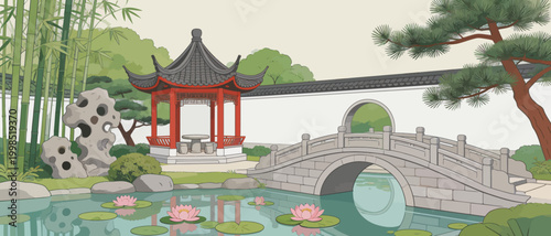 Traditional Asian garden with bridge and pavilion