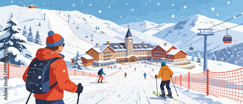 Skiers at snowy mountain resort