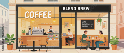Coffee shop exterior with customers