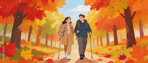 Couple hiking in autumn forest