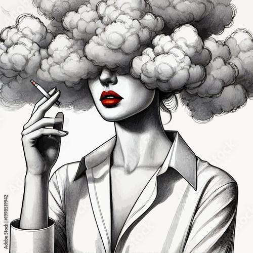 Surreal Black and White Woman Illustration Smoking with Cloud Covering Eyes and Red Lips
