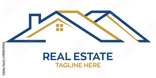 Modern and professional home building and renovation logo featuring a stylized roof icon in blue and gold colors