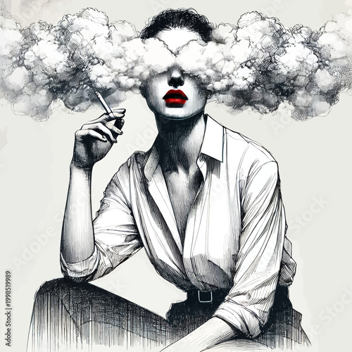 Surreal Black and White Woman Illustration Smoking with Cloud Covering Eyes and Bold Red Lips
