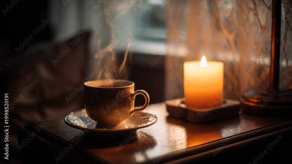 Obraz premium Cup of tea steaming beside a burning candle on a nightstand. 