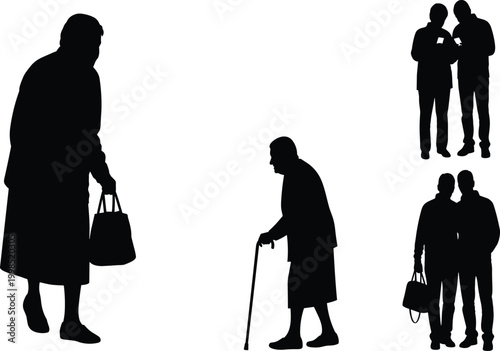 Elegant black silhouettes of diverse people standing, walking, and interacting together, representing generational differences, lifestyle diversity, and social relationships