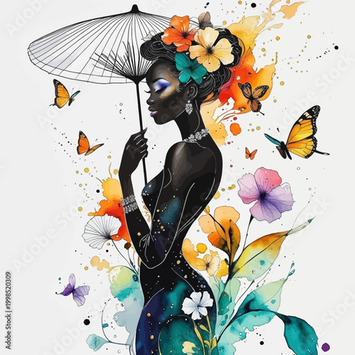 Artistic Black Woman with Floral Hair and Parasol in Vibrant Watercolor Splatter Style
