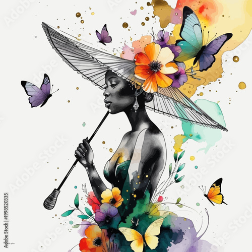 Artistic Black Woman with Floral Parasol and Butterflies in Vibrant Watercolor Splatter Style

