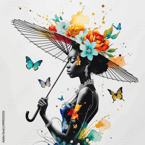 Artistic Black Woman with Floral Parasol and Butterflies in Vibrant Watercolor Splatter Style
