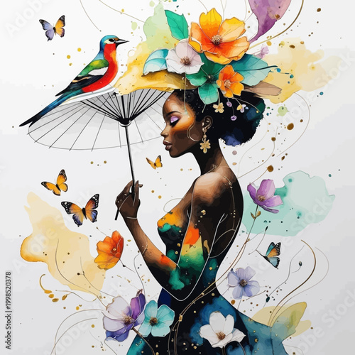 Artistic Black Woman in Teal Gown with Floral Parasol Colorful Bird and Butterflies
