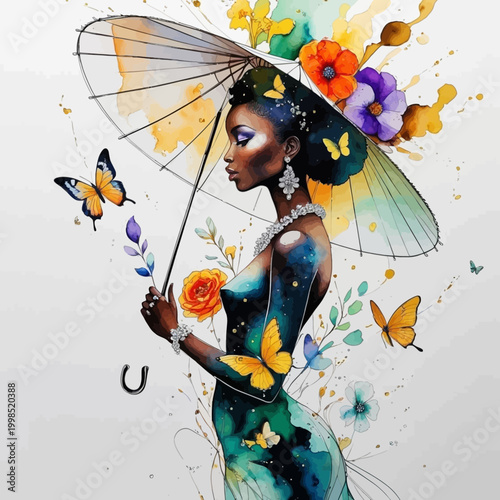 Artistic Black Woman in Teal Gown with Parasol and Vibrant Floral Hair Accents
