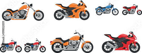 Motorcycle collection featuring sport, cruiser, and chopper bikes in various designs and colors vector set