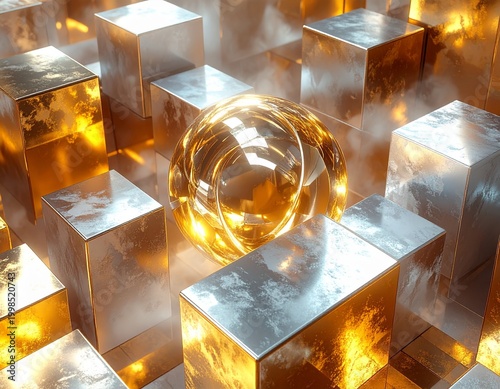 Golden sphere and metallic cubes