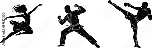 Dynamic silhouettes of dancer karate fighter and kickboxer showcasing motion and strength
