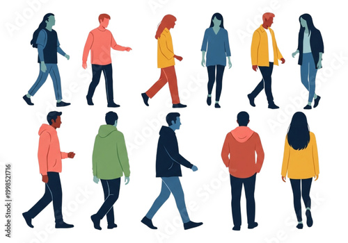 Diverse group of individuals walking together in various directions, showcasing a vibrant and inclusive community illustration with different body types and styles