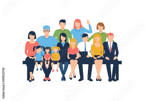 Diverse group of people, including adults and children, sitting together, symbolizing family bonds, community unity, and social connection. A vibrant illustration of togetherness across generations