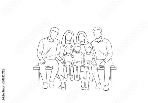 Minimalist line art illustration depicting a happy family of parents and children sitting together on a bench, symbolizing love, unity, and shared precious moments of togetherness