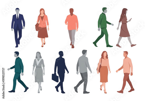 Collection of diverse diverse people walking in a modern flat design style, illustrating movement and urban life