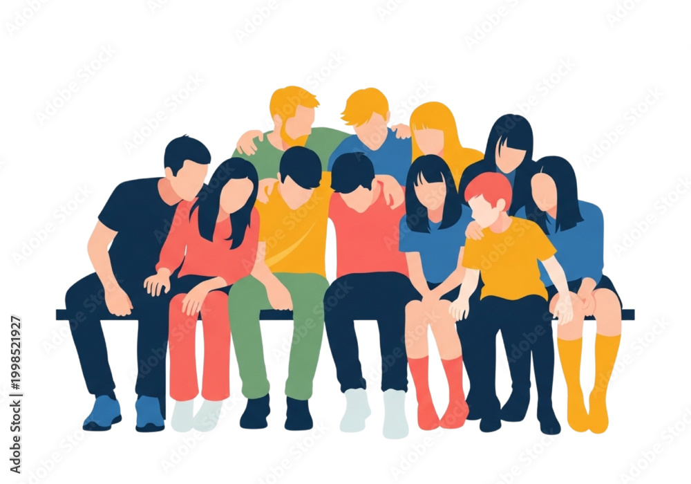 Obraz premium A vibrant group of diverse young friends sitting closely, embodying modern youthful companionship, strong community bonds, and mutual support in a unified gathering