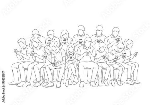 A diverse group of individuals of varying ages and genders are depicted sitting together, each engrossed in their smartphones, showcasing a common modern-day behavior