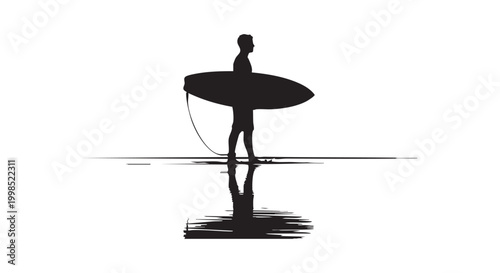 Minimalist black silhouette of lonely surfer standing on beach holding long surfboard overlooking ocean horizon.