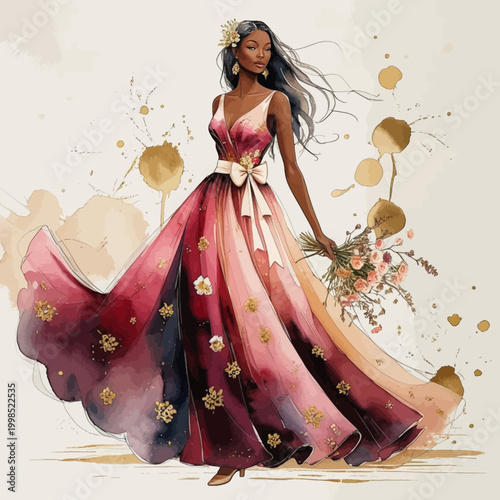 Elegant Watercolor Fashion Illustration of a Black Woman in a Flowing Burgundy and Gold Gown Holding a Bouquet
