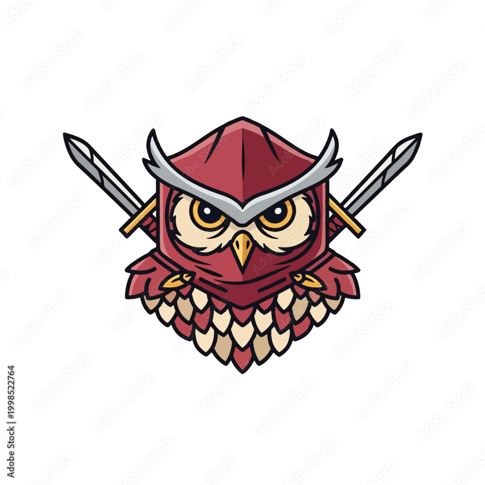 Naklejka premium Cartoon owl mascot wearing red armor with crossed swords.