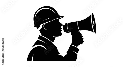 MAY DAY Construction Worker, Laborer, Megaphone, Bullhorn, Black Silhouette Icon vector