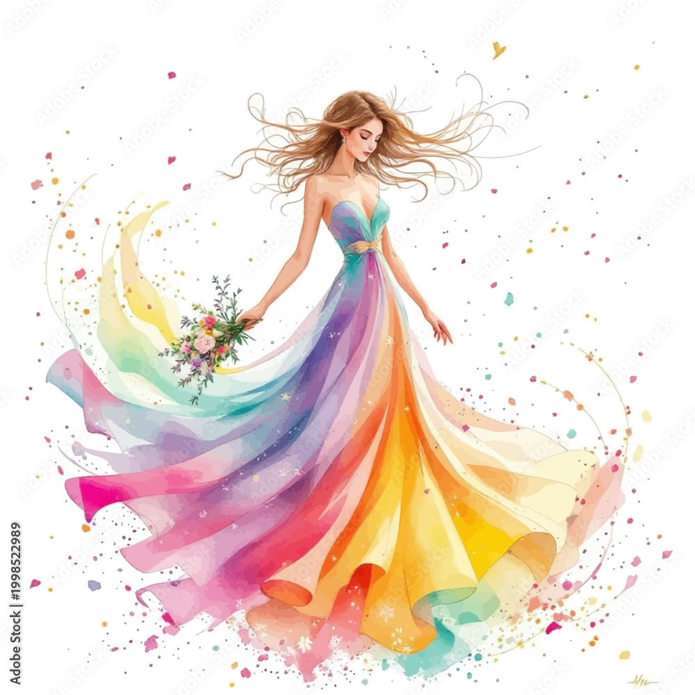 Fototapeta premium Ethereal Watercolor Illustration of a Graceful Woman in a Flowing Rainbow Gown with Sparking Petals and Floral Bouquet 