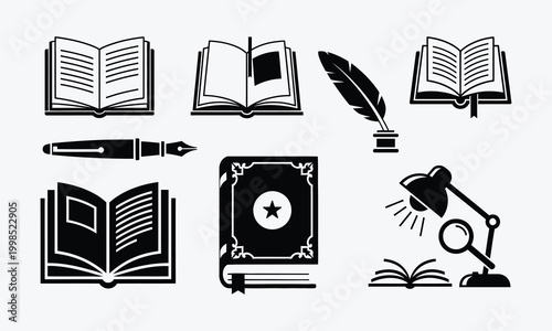 Vintage literature silhouette set books quill inkwell and reading tools