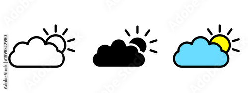 A clean and modern partly cloudy weather symbol in three styles — outline, solid black, and flat color. Ideal for weather apps, forecast displays, UI design, and digital marketing materials