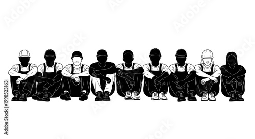 MAY DAY Diverse group of people, sitting in a row, black and white vector illustration, crowd of anonymous characters vector