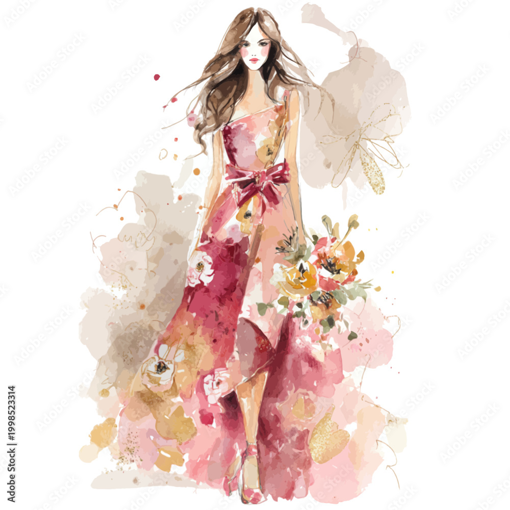 Fototapeta premium Artistic Watercolor Fashion Illustration of an Elegant Woman in a Pink Floral Gown with a Burgundy Bow Accent 
