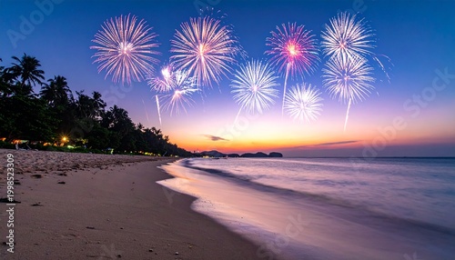 Spectacular fireworks explode in the night sky over a calm tropical beach, casting colorful reflections on the ocean surface and illuminating the shoreline