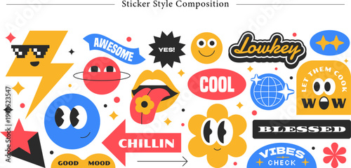Sticker Style Composition Retro Pop Art Y2K Social Media Badge Vector Set