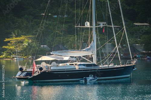 Принти на полотні Beautiful sailing superyacht at anchor in the Cook's Bay in the tropical island