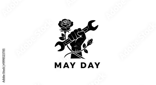 MAY DAY May Day, labor movement, protest symbols, rose and wrench, vector icon vector