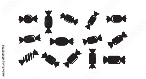 Set of assorted wrapped candy silhouettes isolated on white background as vector icons for confectionery product design.