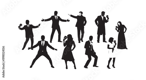 Set of black human silhouettes holding theater masks representing drama acting emotion concept for artistic design project.