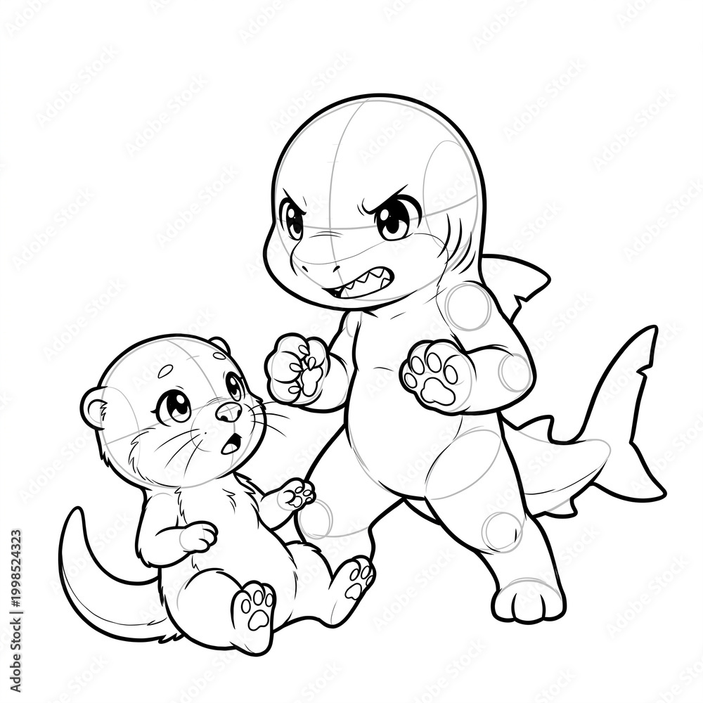 Naklejka premium Chibi shark standing protectively over fallen otter.