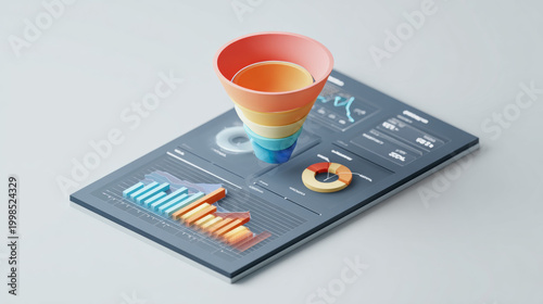 E-commerce analytics dashboard showing conversion funnel in 3D. 