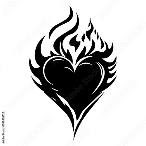 Black and white drawing of a heart on fire.