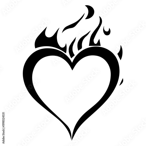 Black and white drawing of a heart on fire.