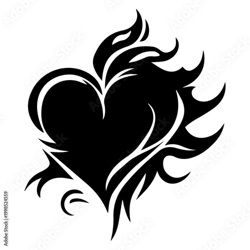 Black and white drawing of a heart on fire.