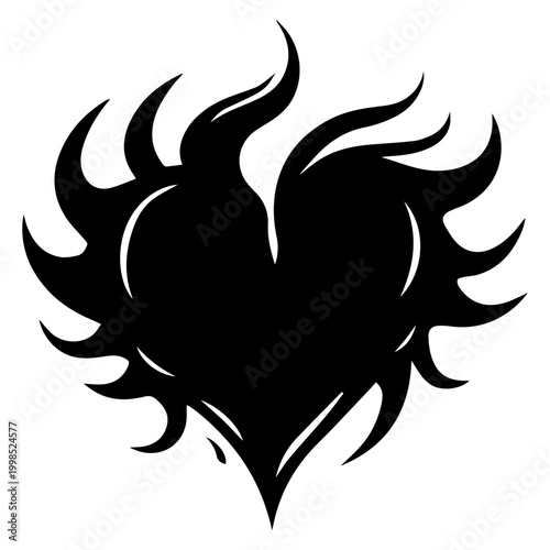 Black and white drawing of a heart on fire.