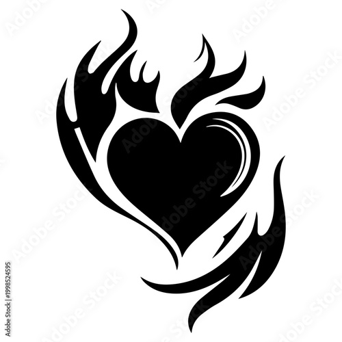 Black and white drawing of a heart on fire.