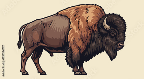 Illustration of a standing American bison with detailed fur and muscular body.