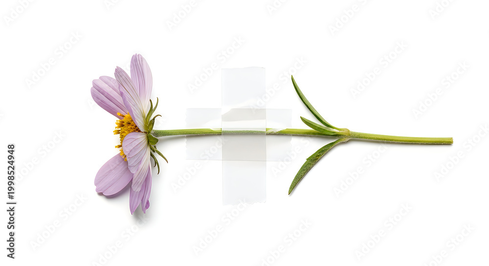 Obraz premium Single delicate white flower with yellow center on green stem