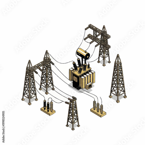 Electrical power substation with transformer and transmission towers.