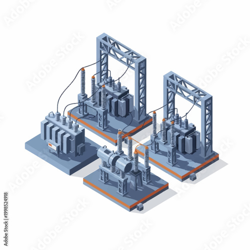 Electrical power substation with transformers and transmission towers.